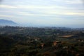 Panorama with the Monti Sabini and the silhouette of Mount Soratte to the left, in the midst of sunset, Roccantica, Lazio, Italy