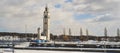 Panorama of the Montreal Clock Tower on a cloudy sky in Montreal the Old Port Royalty Free Stock Photo