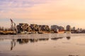 Panorama of Montreal - the modern part of the city -port dock, Brutalist architecture houses. Tourism Quebec, Canada