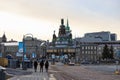 Panorama of Montreal - the old part of the city. Railroad, church, old stone houses. Tourism Quebec, Canada