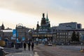 Panorama of Montreal - the old part of the city. Railroad, church, old stone houses. Tourism Quebec, Canada