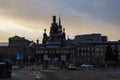 Panorama of Montreal - the old part of the city. Railroad, church, old stone houses. Tourism Quebec, Canada