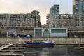 Panorama of Montreal - the old part of the city. Railroad, church, old stone houses. Tourism Quebec, Canada