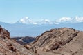 Moonlike landscape of dunes, rugged mountains and rock formations of Valle de la Luna Moon valley, Atacama desert, Chile Royalty Free Stock Photo