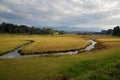 Panorama of a moorland in autumn in the grassy landscape with curved river with forest and mountains in the background