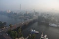 Panorama of morning Cairo, overlooking the Nile. Light haze, Egypt. Cold colors. Landscape