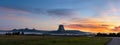 Panorama of morning fog at dawn in Devils Tower in Wyoming