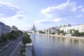 Panorama of Moscow from Bolshoy Krasnokholmsky bridge with stalinist skyscraper in Kotelnicheskaya embankment.