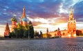 Panorama in Moscow at sunrise, Red square with saint Basil in Russia Royalty Free Stock Photo