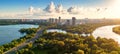 Panorama of Moscow at sunset, Russia. Strogino district in distance Royalty Free Stock Photo