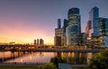 Panorama of Moscow with tall buildings of Moscow-City at night, Russia