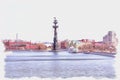 Panorama of the Moskva River. Imitation of a picture. Oil paint. Illustration