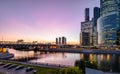 Panorama of Moskva River with skyscrapers and bridge at night, Moscow, Russia Royalty Free Stock Photo