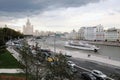 Panorama of Moskvoretskaya embankment overlooking a skyscraper on Kotelnicheskaya embankment.