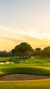 Panorama of the most beautiful sunset or sunrise. Sand bunker on a golf course without people with a row of trees in the Royalty Free Stock Photo