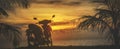 Panorama of a motorbike on the background of an orange sunset by the sea. Travel, motorcycle tourism in warm countries Royalty Free Stock Photo