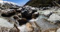 Panorama of Mount Cook with river flowing over rocks in the foreground, Mount Cook Aoraki National Park, New Zealand Royalty Free Stock Photo