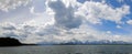 Panorama of Mount Moran and Grand Teton Peaks under cumulus clouds at Jackson Lake in Grand Teton National Park in Wyoming USA