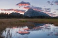 Panorama of Mount Rundle mountain peak with blue sky reflecting in Vermilion Lakes at Banff national park, Alberta Canada. Summer Royalty Free Stock Photo