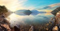 Panorama of mountain lake Koycegiz at sunset in Turkey