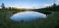 Panorama of a mountain lake overgrown with grass