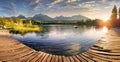 Panorama of Mountain lake Strbske pleso in National Park High Tatra, Slovakia, Europe at sunrise Royalty Free Stock Photo