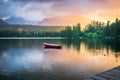 Panorama mountain lake Strbske pleso in National Park High Tatras at sunset, Slovakia Royalty Free Stock Photo