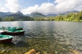 Panorama mountain lake Strbske Pleso in the Tatra mountains. Summers colors and boat for swimming Royalty Free Stock Photo