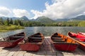 Panorama mountain lake Strbske Pleso in the Tatra mountains. Summers colors and boat for swimming Royalty Free Stock Photo