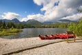 Panorama mountain lake Strbske Pleso in the Tatra mountains. Summers colors and boat for swimming Royalty Free Stock Photo