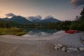 Panorama mountain, lake Strbske Pleso in the Tatry mountains. Summer colors, sunset view Royalty Free Stock Photo