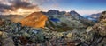 Panorama of mountain landscape at summer in Tatras at sunset in Royalty Free Stock Photo