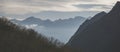 Panorama of the mountain range and slopes of the mountains in the early morning in the mountains of the Caucasus Royalty Free Stock Photo