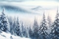 Panorama of mountain slope covered with fir trees in snow, winte