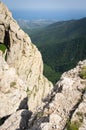 Panorama in a mountainous area in summer. Landscape with mountains, hills and cliffs. Royalty Free Stock Photo