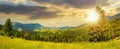 panorama of a mountainous landscape with coniferous forest on a meadow at sunset Royalty Free Stock Photo