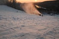 Panorama of the mountains in the evening at the ski resort Sigulda, Latvia. River Gauja. Snow blowWoods Forest Landscape in white