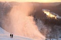 Panorama of the mountains in the evening at the ski resort Sigulda, Latvia. River Gauja. Snow blowWoods Forest Landscape in white