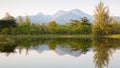 Panorama of mountains and forest reflected in the lake early in the morning Royalty Free Stock Photo