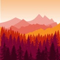 Panorama of mountains and forest silhouette landscape early on the sunset. Flat design Vector