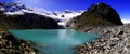 Panorama of mountains and glacial lake in the Cordillera Blanca Mountain range along the Santa Cruz Trek near Huaraz in Peru