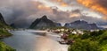 Panorama of mountains and Reine in Lofoten islands, Norway