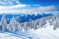 Panorama of mountains with snowy off-piste slope and blue sunlit sky at winter.