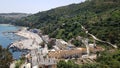 Panorama from the mountains to the fishing and small ships port and the blue Mediterranean Sea. Skikda. Algeria. April 28, 2018