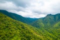 Panorama of Mountains. Under the clouds. Green forest. Scenic aerial view. Great Smoky Mountains North Carolina. Thick fog Royalty Free Stock Photo