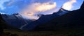 Panorama of mountains and valley in the Cordillera Blanca Mountain range at sunrise along the popular Santa Cruz Trek near Huaraz Royalty Free Stock Photo