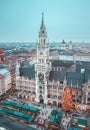 Panorama of Munich. View of the central square, town hall, Christmas market. Snowfall in Munich, Germany. Winter city