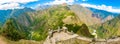 Panorama of Mysterious city - Machu Picchu, Peru,South America. The Incan ruins and terrace. Royalty Free Stock Photo