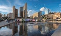 Panorama of Nathan Phillips Square and Toronto City Hall at sunset