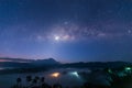 Panorama Nature landscape view of universe space of milky way galaxy and stars on sky at night Royalty Free Stock Photo